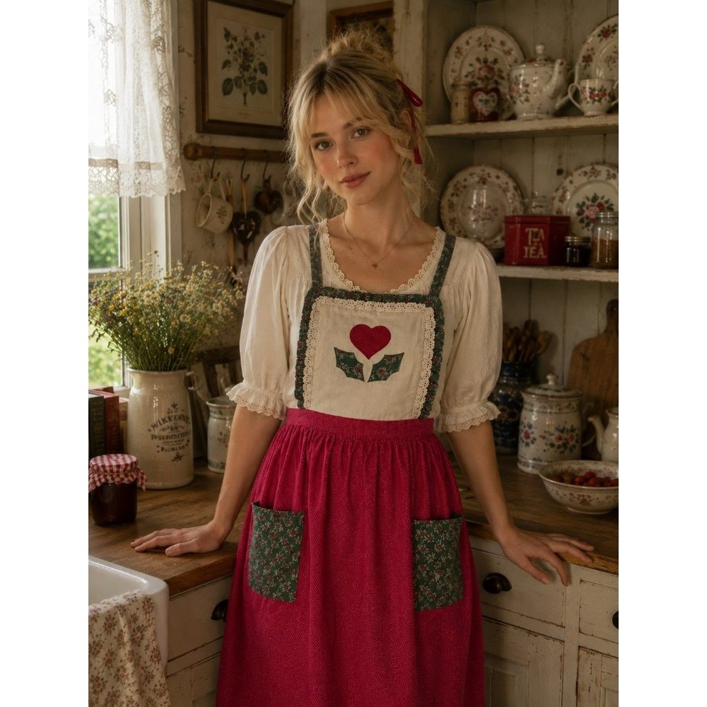 Handmade Christmas Apron Red Polka Dot Heart Holly Applique Cottagecore Holiday